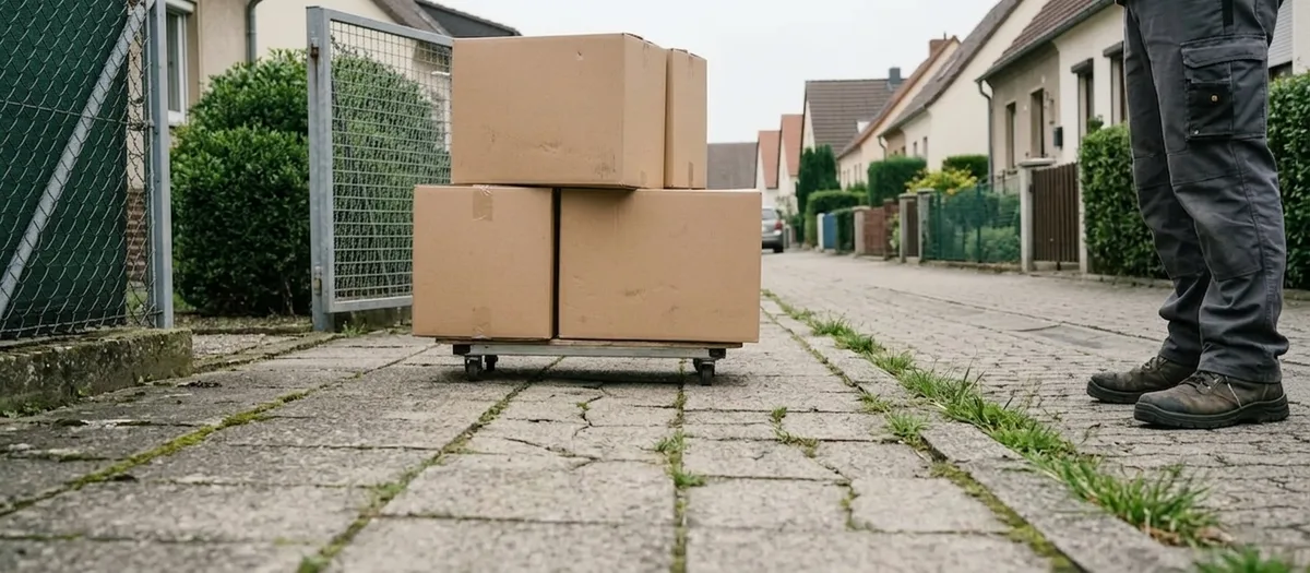 Ein Rollwagen mit niedrig gestapelten Umzugskartons steht auf einer gepflasterten Anliegerstraße vor einer schmalen Grundstückseinfahrt mit offenem Tor