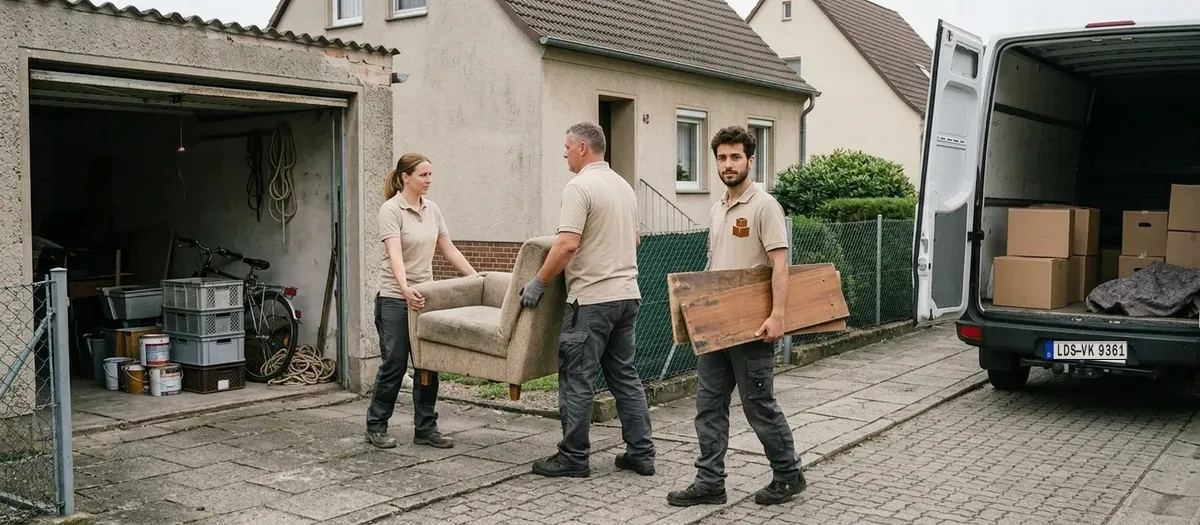 Zwei Kräfte tragen alte Regalbretter und einen ausrangierten Sessel aus einer geöffneten Garage zu einem bereitstehenden Wagen