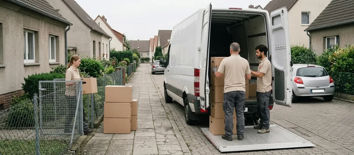 Ein Umzugswagen steht längs an einer gepflasterten Anliegerstraße vor einem eingeschossigen Einfamilienhaus mit offenem Gartentor
