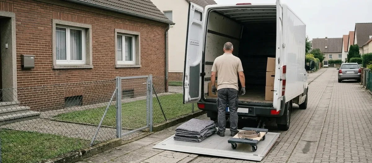 Ein Möbelfahrzeug mit offener Ladebordwand steht längs vor einem Doppelhaus, davor liegen Möbeldecken und ein Rollwagen bereit