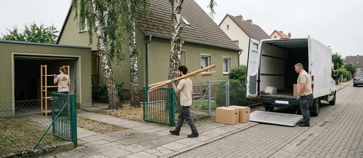 Zwei Umzugskräfte tragen ein zerlegtes Regal aus einer geöffneten Garage über einen Plattenweg zum wartenden Transporter, im Hintergrund ein Gartentor