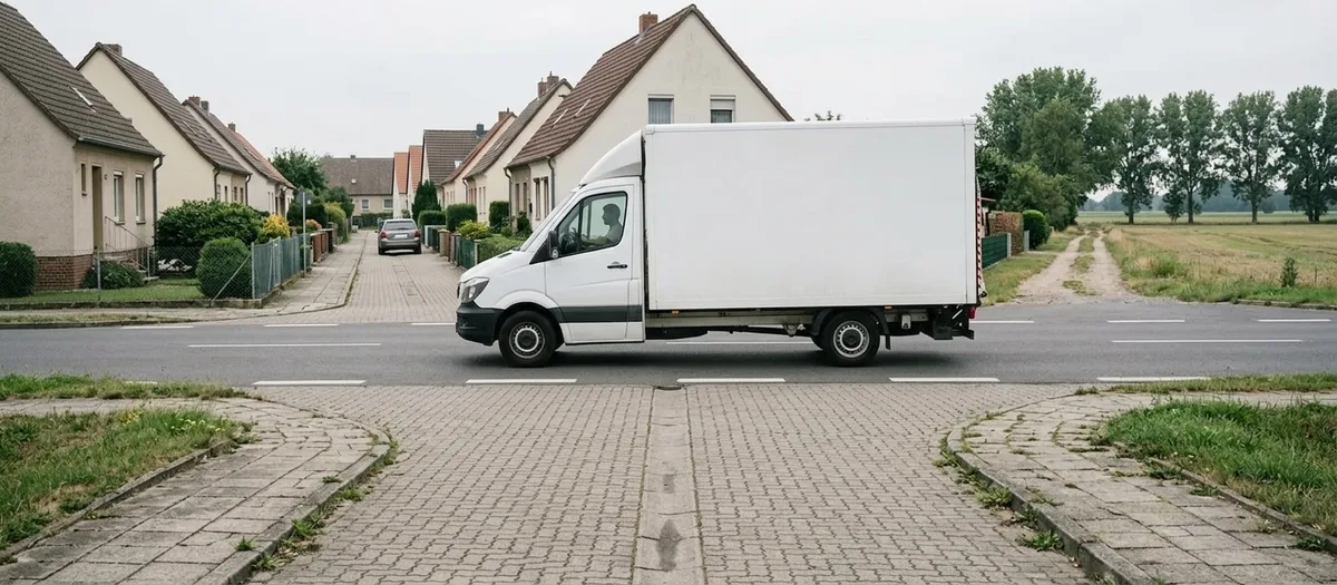 Ein Möbelfahrzeug steht an einer Ortsausfahrt zwischen zwei Gemeinden, im Vordergrund eine schmale Anliegerstraße mit Pflasterbelag